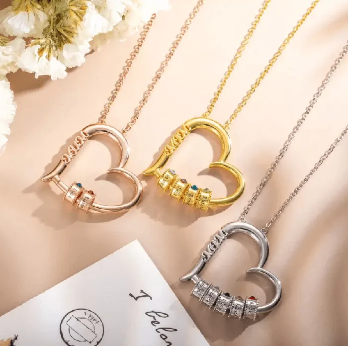 Necklaces Belbren Customizable Birthstone Heart Necklace Engraved Family Names Pendant Ideal Gift for Mothers Grandmothers