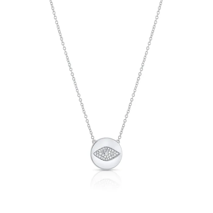 Necklaces CJ Charles Jewelers 18K White Gold Pave Evil Eye Disk Pendant Necklace Necklaces CJ Charles Jewelers 18K White Gold Pave Evil Eye Disk Pendant Necklace