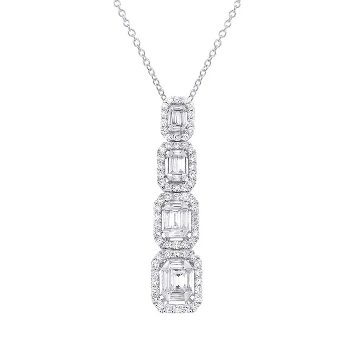 Necklaces Meierotto Jewelers 14K White Gold Diamond Drop Pendant Necklace Baguette Design with Halos Necklaces Meierotto Jewelers 14K White Gold Diamond Drop Pendant Necklace Baguette Design with Halos