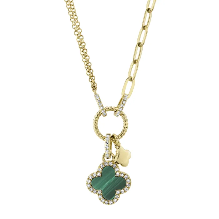 Necklaces Meierotto Jewelers 14K Yellow Gold Malacite and Diamond Clover Pendant with Paperclip and Double Chain Necklace Necklaces Meierotto Jewelers 14K Yellow Gold Malacite and Diamond Clover Pendant with Paperclip and Double Chain Necklace