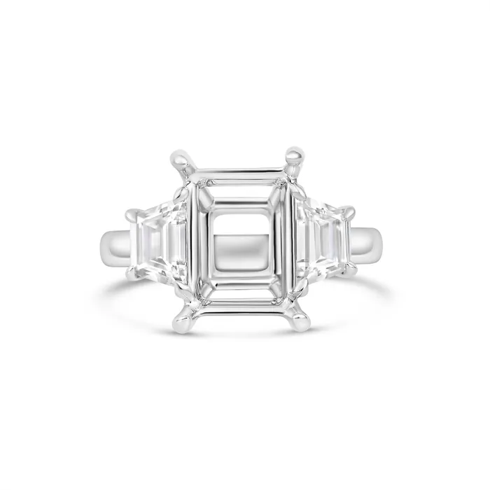 Platinum Three Stone Ring with Trapezoid Diamond Sides for Emerald Cut Center Engagement Collections Rings Platinum Three Stone Ring with Trapezoid Diamond Sides for Emerald Cut Center Engagement Collections Rings