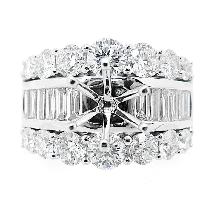 PreStyled Sets 18K White Gold Semi Mount Wide Center Row Channel Set Baguettes Outside Rows Prong Set Rounds Engagement Collections PreStyled Sets 18K White Gold Semi Mount Wide Center Row Channel Set Baguettes Outside Rows Prong Set Rounds Engagement Collections