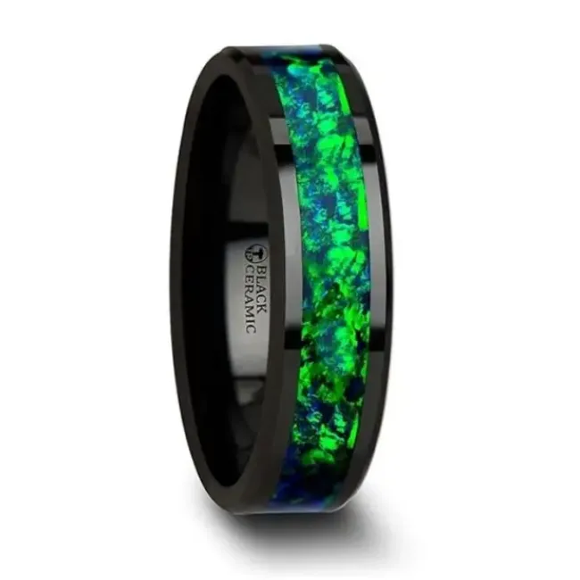 Rings Black Ceramic 6mm Band with Blue Green Opal Inlay Mens Bands