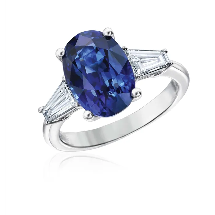 Rings Meierotto Jewelers 18K White Gold Oval Sapphire Ring with Tapered Baguette Diamonds Rings Meierotto Jewelers 18K White Gold Oval Sapphire Ring with Tapered Baguette Diamonds