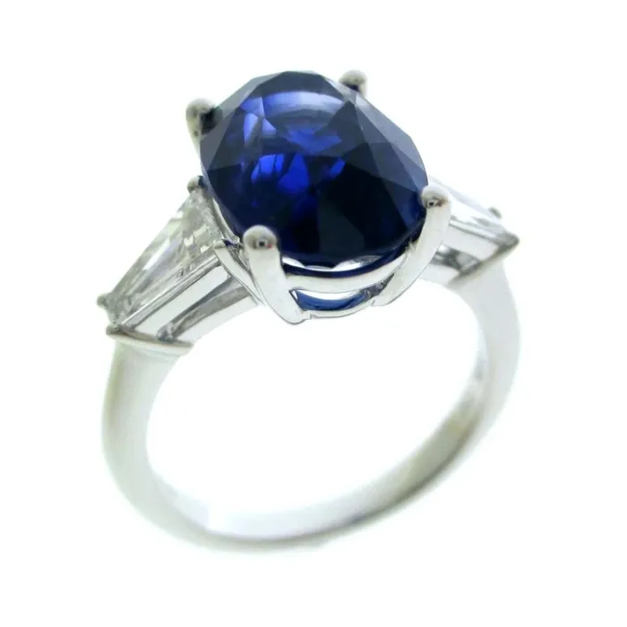 Rings Meierotto Jewelers 18K White Gold Oval Sapphire Ring with Tapered Baguette Diamonds Rings Meierotto Jewelers 18K White Gold Oval Sapphire Ring with Tapered Baguette Diamonds