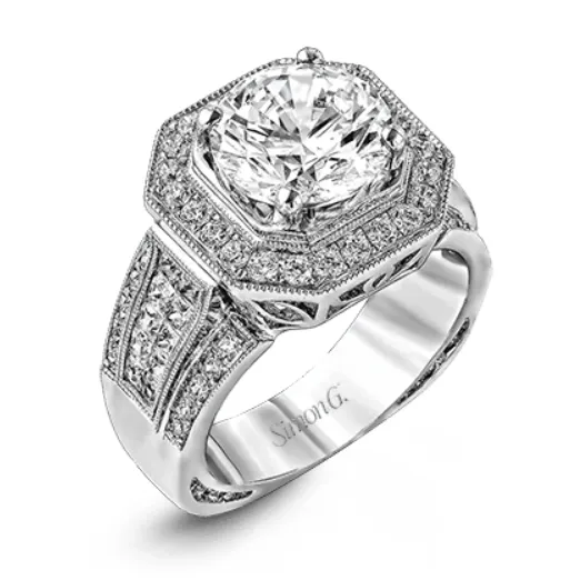 Rings Simon G 18K White Gold Wide Semi Mount Diamond Ring with Octagon Halo Simon G Rings Simon G 18K White Gold Wide Semi Mount Diamond Ring with Octagon Halo Simon G