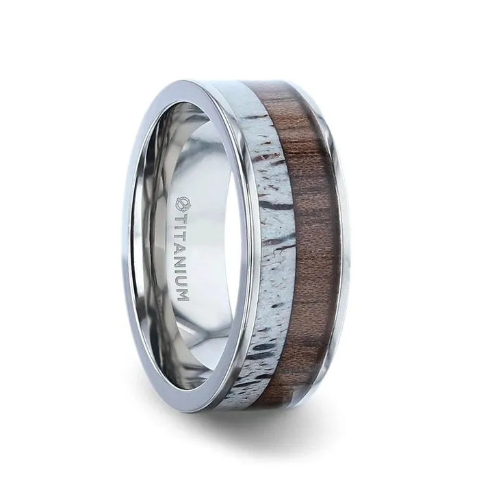 Rings Titanium Flat Band with Deer Antler and Black Walnut Wood Inlay Mens Bands Rings Titanium Flat Band with Deer Antler and Black Walnut Wood Inlay Mens Bands
