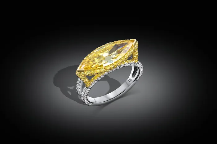 Rivire 18k Yellow Gold Platinum 2ct Fancy Intense Yellow Marquise Diamond Ring GIA Certified CJ Charles Jewelers Rings