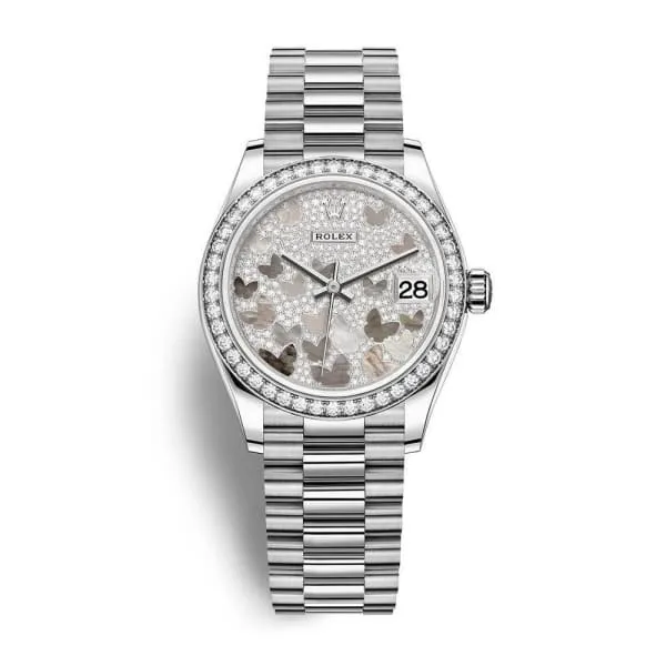 Rolex Bracelets Rolex Datejust 31mm Ref 278289rbr0008 Mother of Pearl Butterfly Diamond Pave Dial 18K White Gold President Bracelet Womens Watch Rolex Bracelets Rolex Datejust 31mm Ref 278289rbr0008 Mother of Pearl Butterfly Diamond Pave Dial 18K White Gold President Bracelet Womens Watch