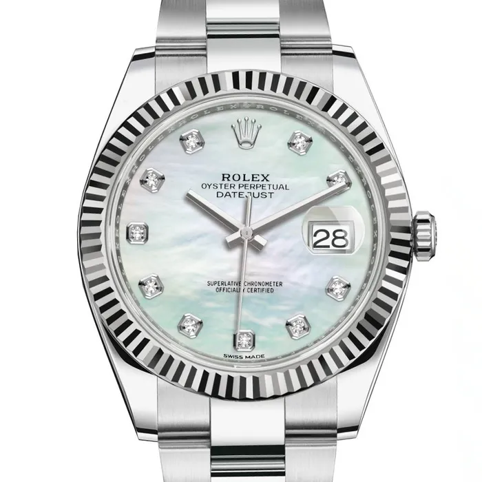 Rolex Bracelets Rolex Datejust 41mm Ref 1263340019 White Mother of Pearl Diamond Dial Stainless Steel Oyster Bracelet Mens Watch