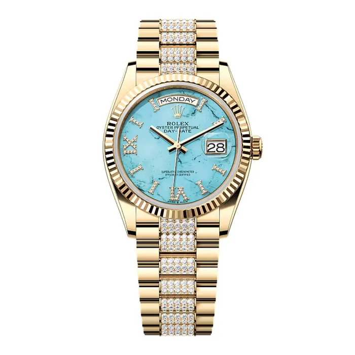 Rolex Bracelets Rolex Day Date 36mm Ref 1282380072 Tiffany Blue Turquoise Roman Diamond Dial Fluted Bezel 18K Yellow Gold Diamonds President Bracelet Watch Rolex Bracelets Rolex Day Date 36mm Ref 1282380072 Tiffany Blue Turquoise Roman Diamond Dial Fluted Bezel 18K Yellow Gold Diamonds President Bracelet Watch
