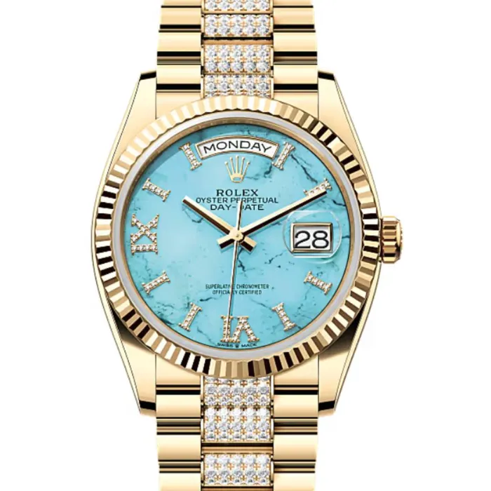 Rolex Bracelets Rolex Day Date 36mm Ref 1282380072 Tiffany Blue Turquoise Roman Diamond Dial Fluted Bezel 18K Yellow Gold Diamonds President Bracelet Watch