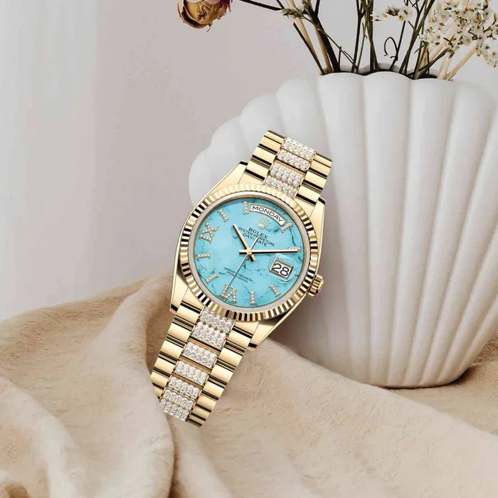 Rolex Bracelets Rolex Day Date 36mm Ref 1282380072 Tiffany Blue Turquoise Roman Diamond Dial Fluted Bezel 18K Yellow Gold Diamonds President Bracelet Watch