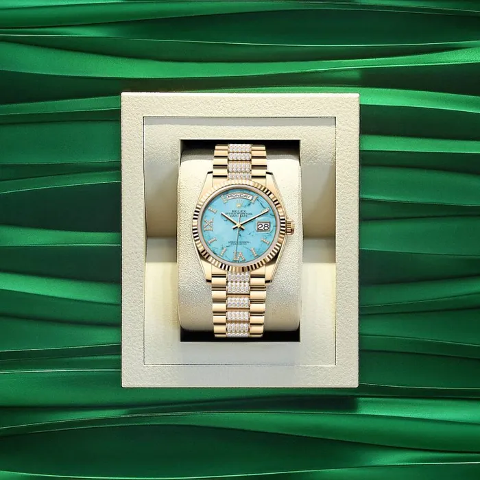 Rolex Bracelets Rolex Day Date 36mm Ref 1282380072 Tiffany Blue Turquoise Roman Diamond Dial Fluted Bezel 18K Yellow Gold Diamonds President Bracelet Watch