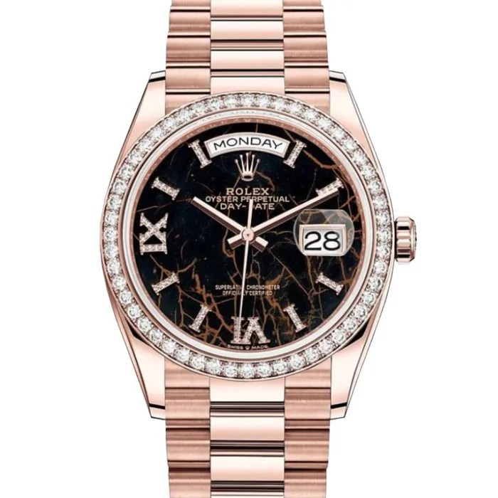 Rolex Day Date 36mm Ref 128345rbr0044 Eisenkiesel Diamond Dial Diamond Bezel 18K Rose Gold President Bracelet Watch Rolex Bracelets