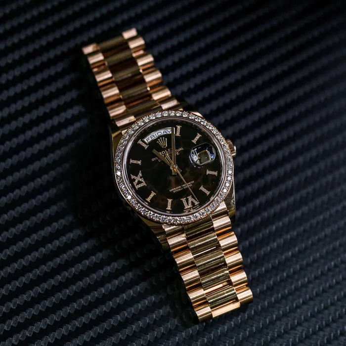Rolex Day Date 36mm Ref 128345rbr0044 Eisenkiesel Diamond Dial Diamond Bezel 18K Rose Gold President Bracelet Watch Rolex Bracelets