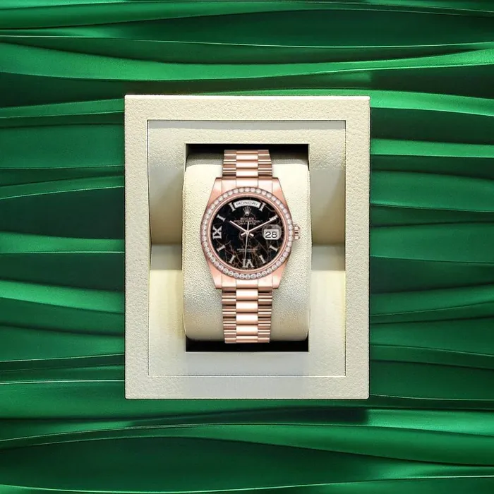 Rolex Day Date 36mm Ref 128345rbr0044 Eisenkiesel Diamond Dial Diamond Bezel 18K Rose Gold President Bracelet Watch Rolex Bracelets