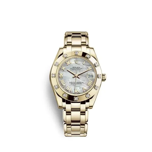 Rolex Pearlmaster 34mm Ref 813180005 White mother of Pearl Roman Dial Diamond Bezel 18K Yellow Gold Bracelet Womens Watch Rolex Bracelets Rolex Pearlmaster 34mm Ref 813180005 White mother of Pearl Roman Dial Diamond Bezel 18K Yellow Gold Bracelet Womens Watch Rolex Bracelets