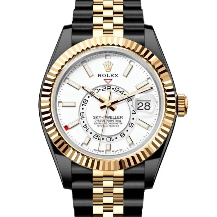 Rolex SkyDweller 42mm Ref 336933 PVD Intense White Stick Dial Two Tone Black PVD 18K Yellow Gold Jubilee Bracelet Watch Rolex Bracelets