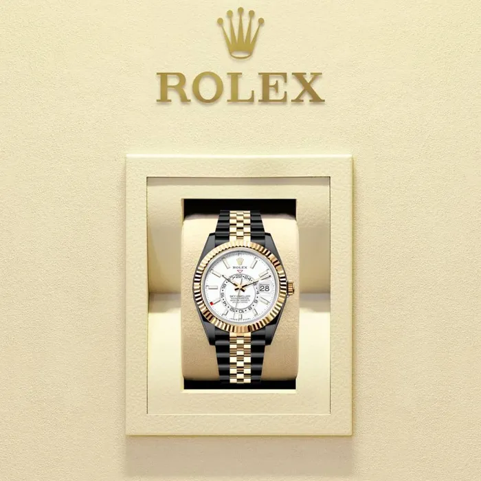 Rolex SkyDweller 42mm Ref 336933 PVD Intense White Stick Dial Two Tone Black PVD 18K Yellow Gold Jubilee Bracelet Watch Rolex Bracelets