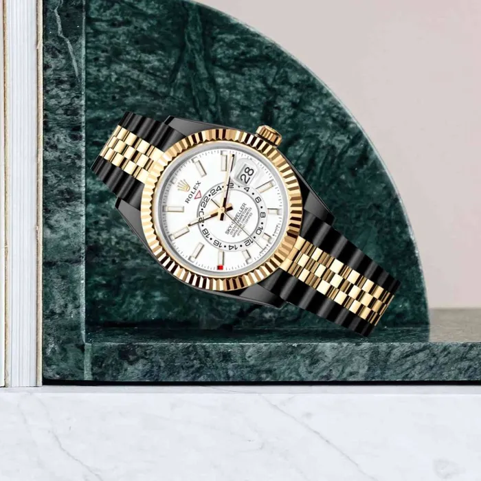 Rolex SkyDweller 42mm Ref 336933 PVD Intense White Stick Dial Two Tone Black PVD 18K Yellow Gold Jubilee Bracelet Watch Rolex Bracelets