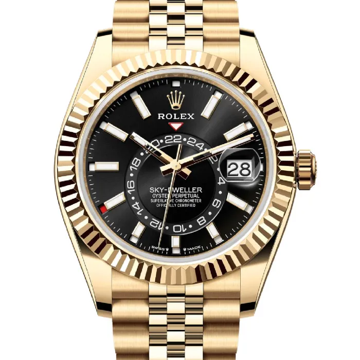 Rolex SkyDweller 42mm Ref 3369380005 Bright Black Stick Dial 18K Yellow Gold Jubilee Bracelet Watch Rolex Bracelets