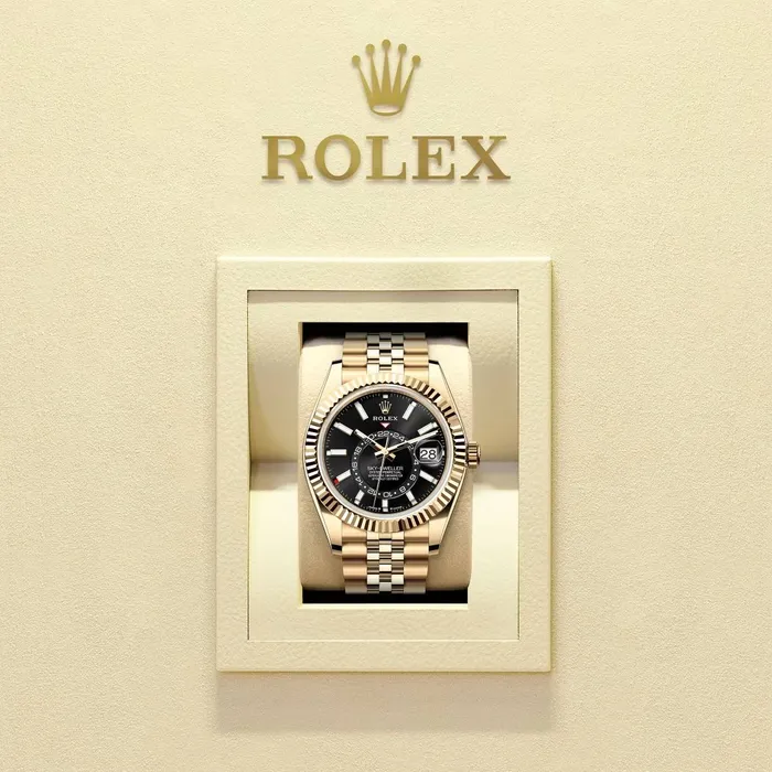 Rolex SkyDweller 42mm Ref 3369380005 Bright Black Stick Dial 18K Yellow Gold Jubilee Bracelet Watch Rolex Bracelets