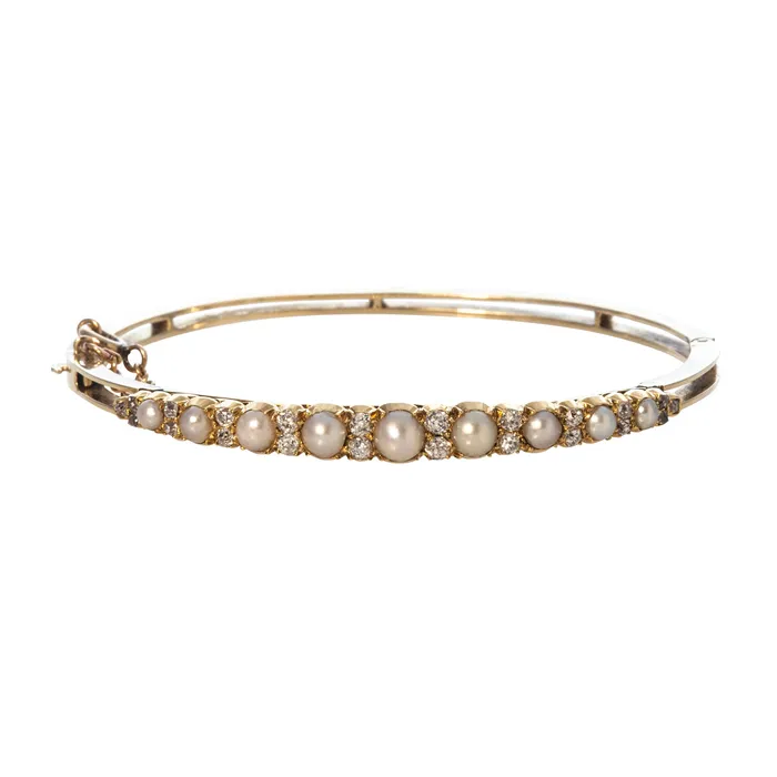 Victorian Graduated Pearl Diamond 14K Yellow Gold Bangle Croghans Earrings Victorian Graduated Pearl Diamond 14K Yellow Gold Bangle Croghans Earrings