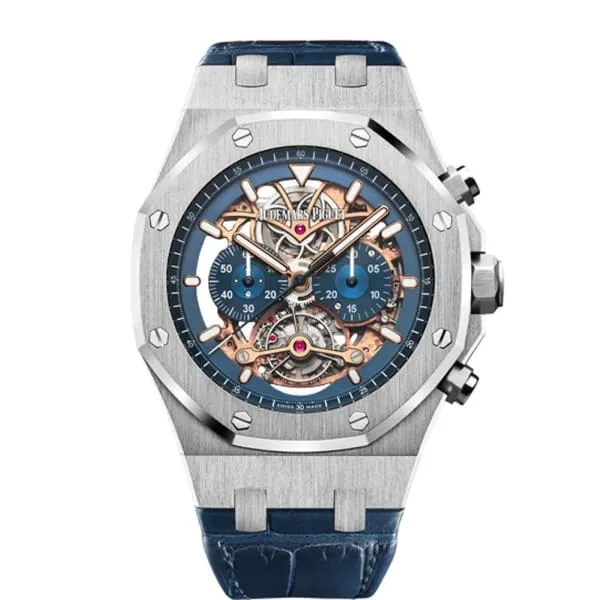 Watches Audemars Piguet Audemars Piguet Royal Oak Tourbillon Chronograph 44mm Mens Watch Ref 26347PTOOD315CR01 Openworked Skeleton Dial in Platinum Case Blue Alligator Strap Watches Audemars Piguet Audemars Piguet Royal Oak Tourbillon Chronograph 44mm Mens Watch Ref 26347PTOOD315CR01 Openworked Skeleton Dial in Platinum Case Blue Alligator Strap