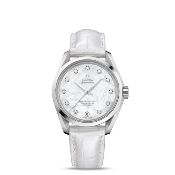 Watches Omega Omega Seamaster 39mm Watch Ref 23113392155002 White Mother of Pearl Diamond Index Dial White Leather Strap Watches Omega Omega Seamaster 39mm Watch Ref 23113392155002 White Mother of Pearl Diamond Index Dial White Leather Strap