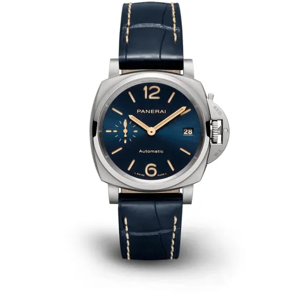 Watches Panerai Panerai Luminor 38mm Watch Ref PAM00926 Blue Index Dial in Titanium Case Blue Alligator Leather Strap Watches Panerai Panerai Luminor 38mm Watch Ref PAM00926 Blue Index Dial in Titanium Case Blue Alligator Leather Strap