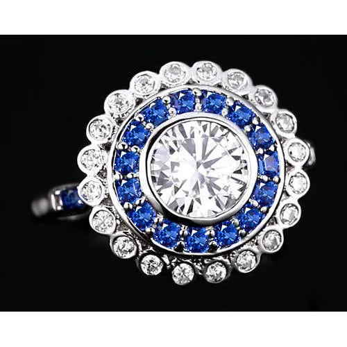 Anniversary Ring Round Natural Earth Mined Diamond Blue Sapphire Baguettes 4 Carats GB Rings Anniversary Ring Round Natural Earth Mined Diamond Blue Sapphire Baguettes 4 Carats GB Rings