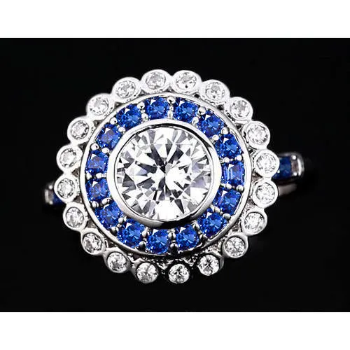 Anniversary Ring Round Natural Earth Mined Diamond Blue Sapphire Baguettes 4 Carats GB Rings Anniversary Ring Round Natural Earth Mined Diamond Blue Sapphire Baguettes 4 Carats GB Rings