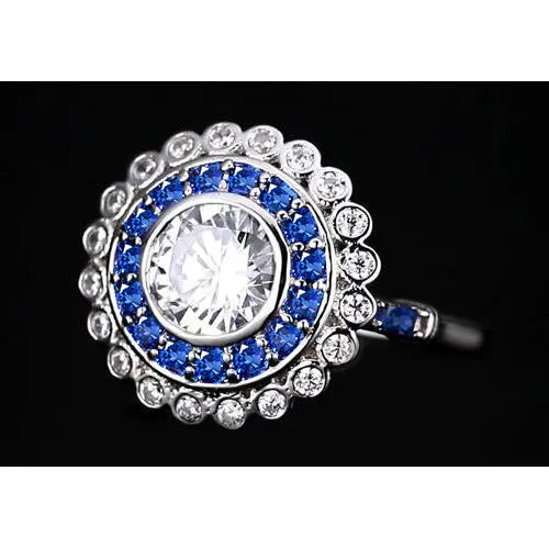 Anniversary Ring Round Natural Earth Mined Diamond Blue Sapphire Baguettes 4 Carats GB Rings Anniversary Ring Round Natural Earth Mined Diamond Blue Sapphire Baguettes 4 Carats GB Rings
