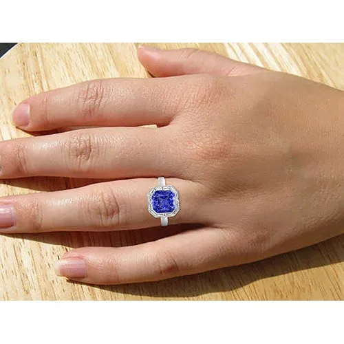 Baguette Natural Earth Mined Diamond Halo Radiant Blue Sapphire Ring 350 Carats 14K Gold HarryChadEntcom Rings Baguette Natural Earth Mined Diamond Halo Radiant Blue Sapphire Ring 350 Carats 14K Gold HarryChadEntcom Rings
