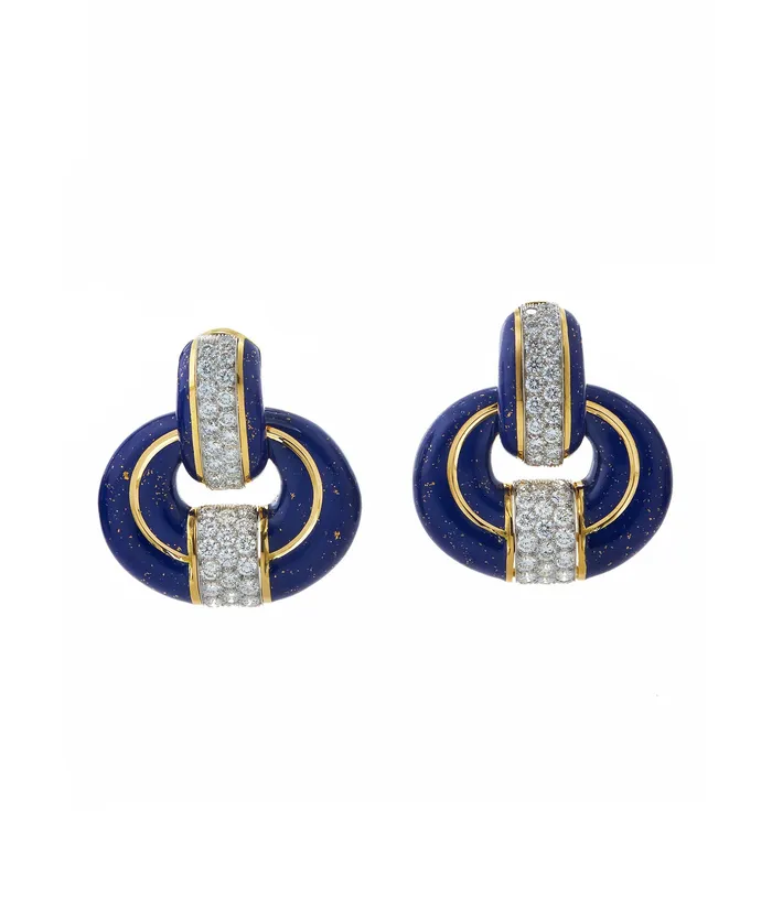 Earrings Doorknocker Earrings Blue Enamel 24K Gold Dust David Webb