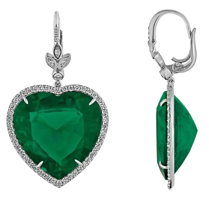 Earrings GB 2120 Carats Heart Green Emerald With Natural Earth Mined Diamond Dangle Earring White Gold 14K Earrings GB 2120 Carats Heart Green Emerald With Natural Earth Mined Diamond Dangle Earring White Gold 14K