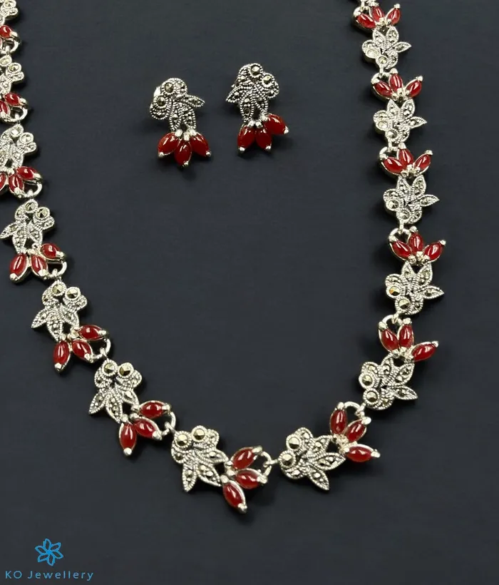 Earrings The Gemstone Grace Silver Marcasite Necklace Earrings Red Marcasite