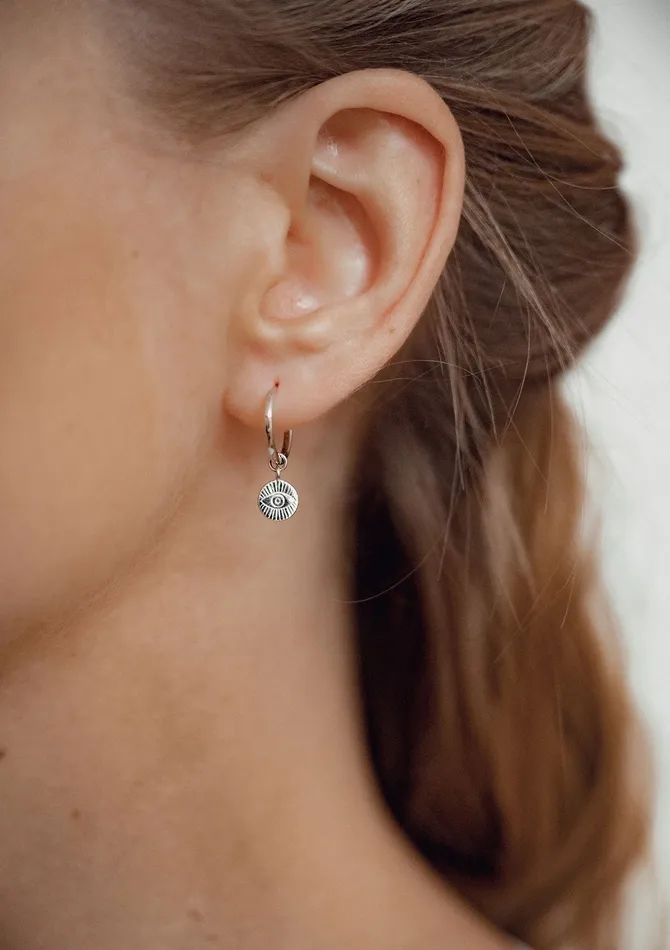 Evil Eye Charm Hoop Earrings Sterling Silver Hey Happiness Earrings
