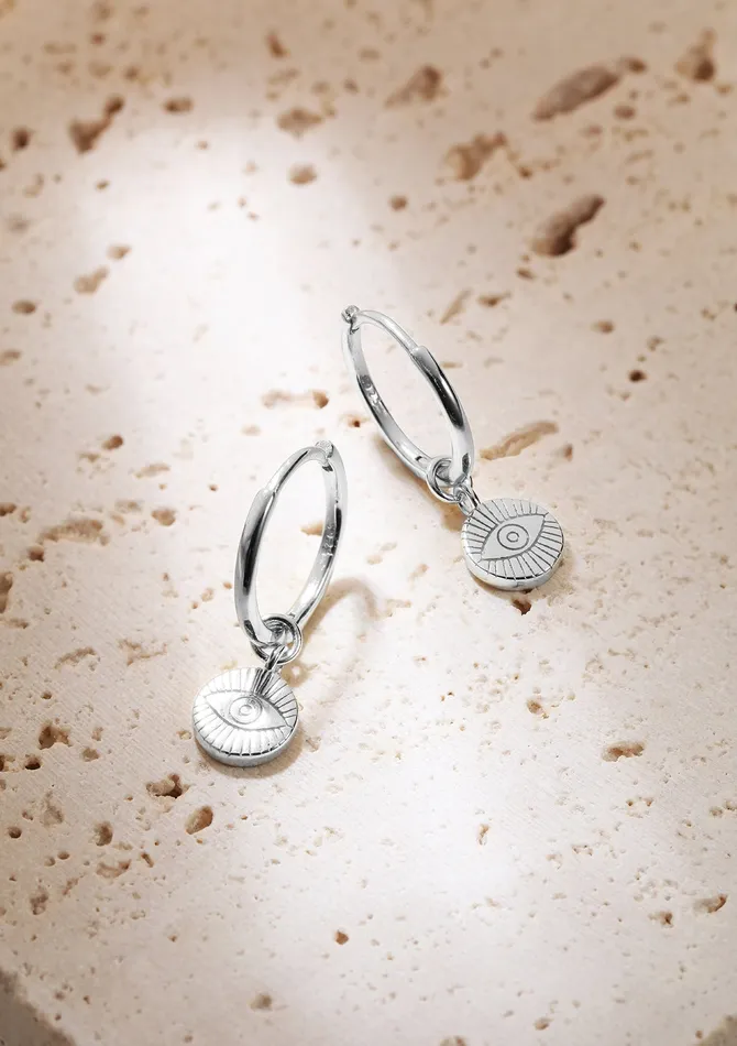 Evil Eye Charm Hoop Earrings Sterling Silver Hey Happiness Earrings