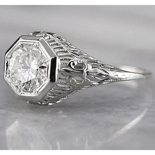 Filigree Round Real Natural Earth Mined Diamond Ring 2 Carats White Gold 14K GB Rings