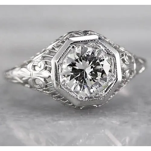 Filigree Round Real Natural Earth Mined Diamond Ring 2 Carats White Gold 14K GB Rings
