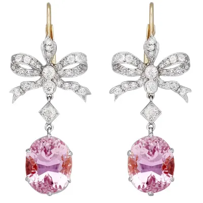 GB Earrings 2940 Ct Pink Kunzite With Natural Earth Mined Diamonds Dangle Earrings Two Tone Gold GB Earrings 2940 Ct Pink Kunzite With Natural Earth Mined Diamonds Dangle Earrings Two Tone Gold