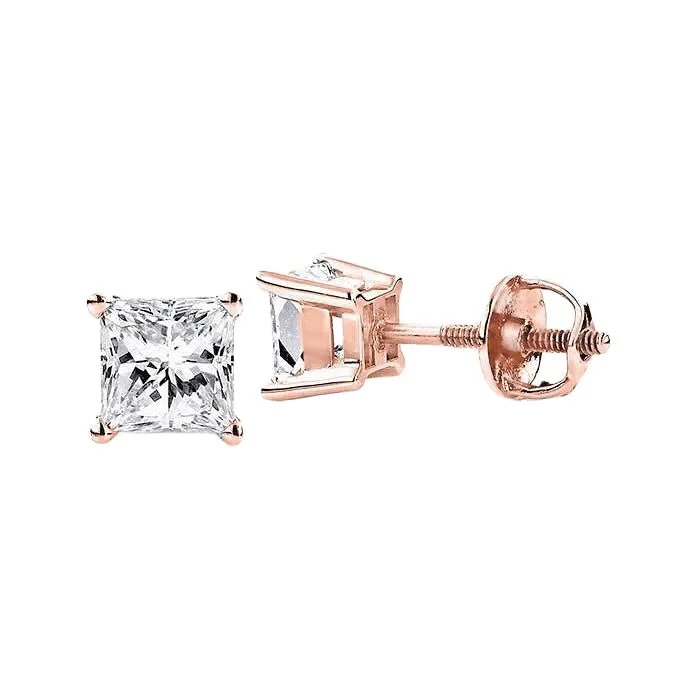GB Earrings 3 Carats Princess Shaped Natural Earth Mined Diamond Stud Earring Fine Rose Gold 14K GB Earrings 3 Carats Princess Shaped Natural Earth Mined Diamond Stud Earring Fine Rose Gold 14K