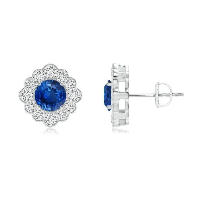 GB Earrings Sapphire And Natural Earth Mined Diamond Lady Halo Stud Earring White Gold 14K GB Earrings Sapphire And Natural Earth Mined Diamond Lady Halo Stud Earring White Gold 14K
