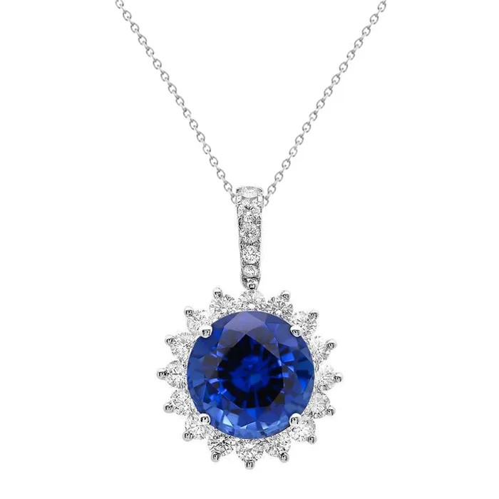 GB Necklaces Blue Sapphire And Natural Earth Mined Diamonds Pendant Necklace 840 Carats White Gold 14K GB Necklaces Blue Sapphire And Natural Earth Mined Diamonds Pendant Necklace 840 Carats White Gold 14K