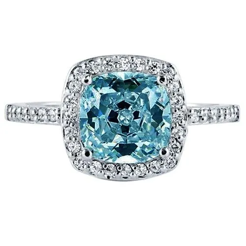 GB Rings 191 Carats Blue Cushion Halo Center Gemstone Ring White Gold 14K