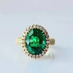 GB Rings 4 Ct Oval Cut Green Emerald With Halo Natural Earth Mined Diamond Ring 14K Yellow Gold GB Rings 4 Ct Oval Cut Green Emerald With Halo Natural Earth Mined Diamond Ring 14K Yellow Gold