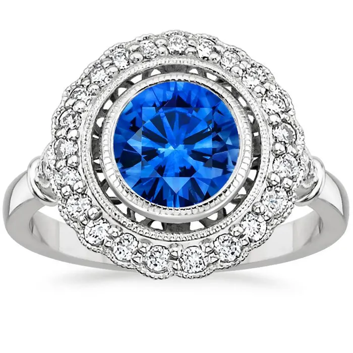 GB Rings Art Nouveau Jewelry New Halo Blue Round Sapphire Natural Earth Mined Diamond Ring GB Rings Art Nouveau Jewelry New Halo Blue Round Sapphire Natural Earth Mined Diamond Ring