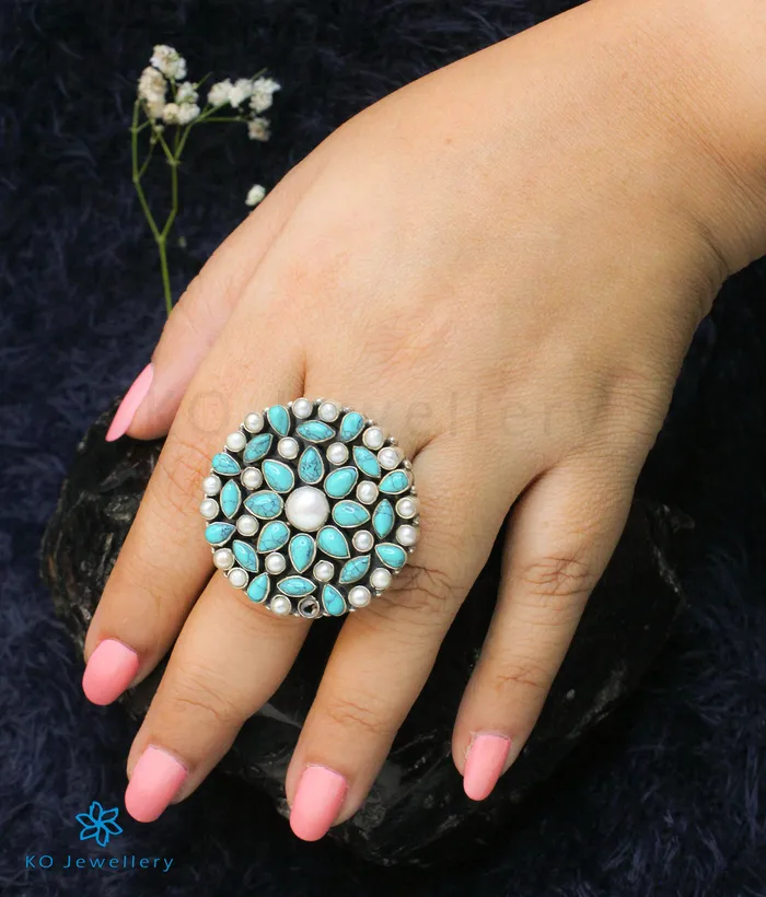 Gemstone Rings The Prisha Silver Gemstone Cocktail FingerringPearlTurquoise